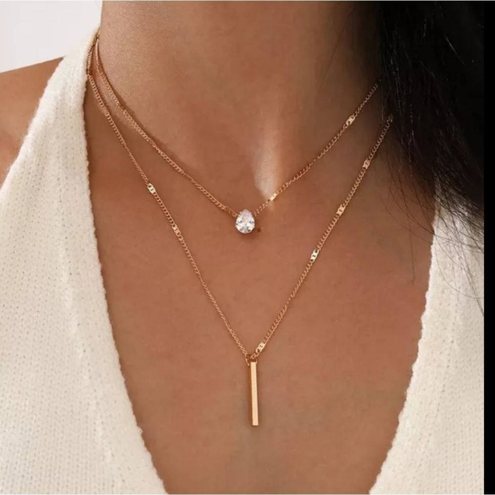 Crystal Drop Layered Gold Pendant Rhinestone Choker Statement Necklace - Picture 1 of 3